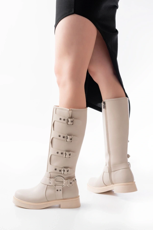 Bidebuvar 02-346 Bej Düz Topuklu Günlük Bayan Binici Çizme