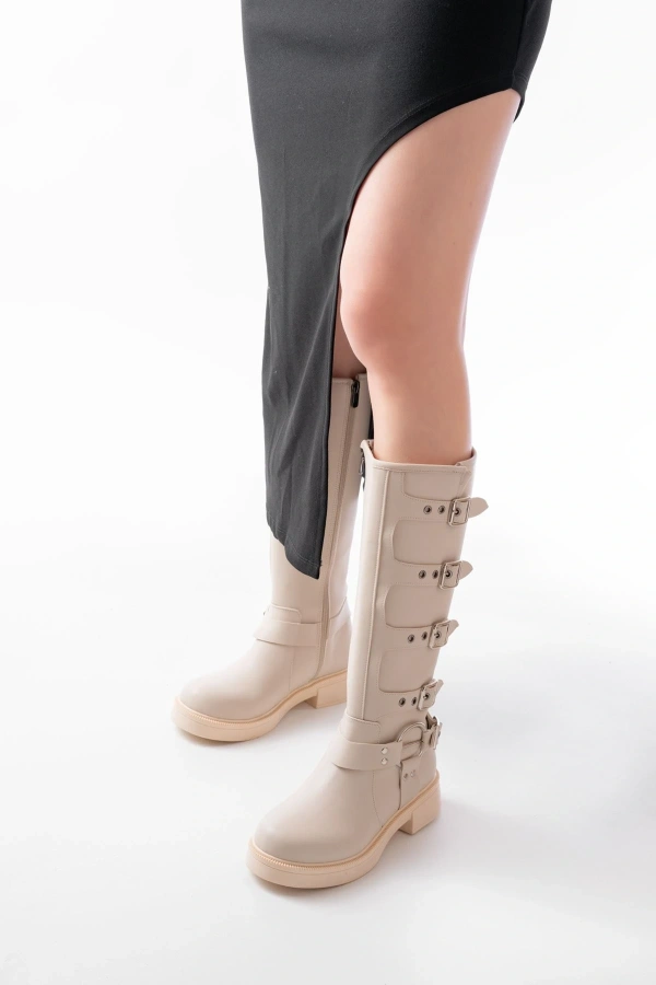 Bidebuvar 02-346 Bej Düz Topuklu Günlük Bayan Binici Çizme