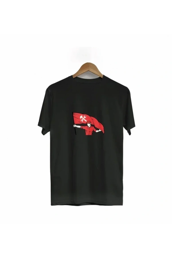 Bidebuvar 1 Mayıs Emek Ve Dayanışma Bayraklı Emekçi Baskılı Bisiklet Yaka T-shirt - Siyah