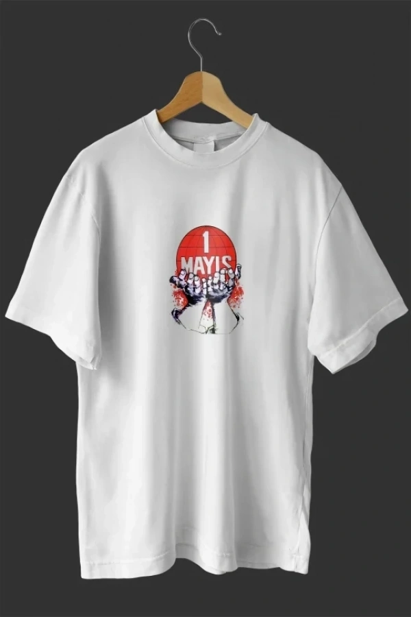 Bidebuvar 1 Mayıs Emek Ve Dayanışma Günü Baskılı Oversize Bisiklet Yaka T-shirt - Beyaz