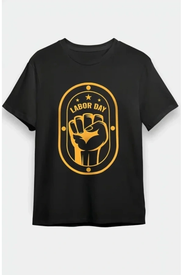 Bidebuvar 1 Mayıs Labor Day Emekçi Temalı Baskılı Oversize Bisiklet Yaka T-shirt - Siyah