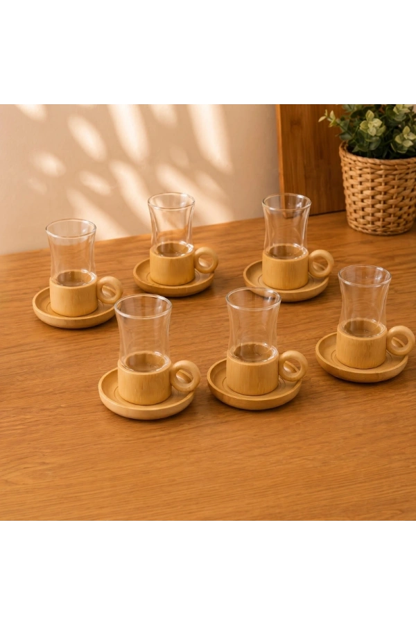 Bidebuvar 12 Parça Çay Seti - Bambu Bardak Altığı - Çift Cidarlı Cam - 150 ml