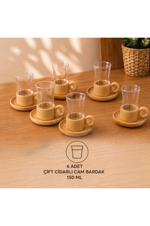 Bidebuvar 12 Parça Çay Seti - Bambu Bardak Altığı - Çift Cidarlı Cam - 150 ml