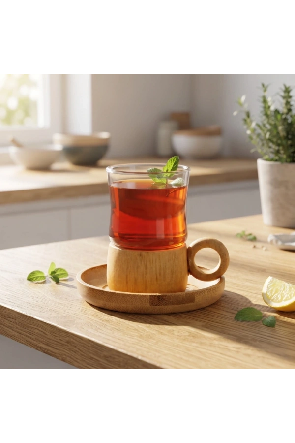 Bidebuvar 12 Parça Çay Seti - Bambu Bardak Altığı - Çift Cidarlı Cam - 150 ml
