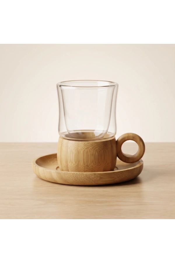Bidebuvar 12 Parça Çay Seti - Bambu Bardak Altığı - Çift Cidarlı Cam - 150 ml