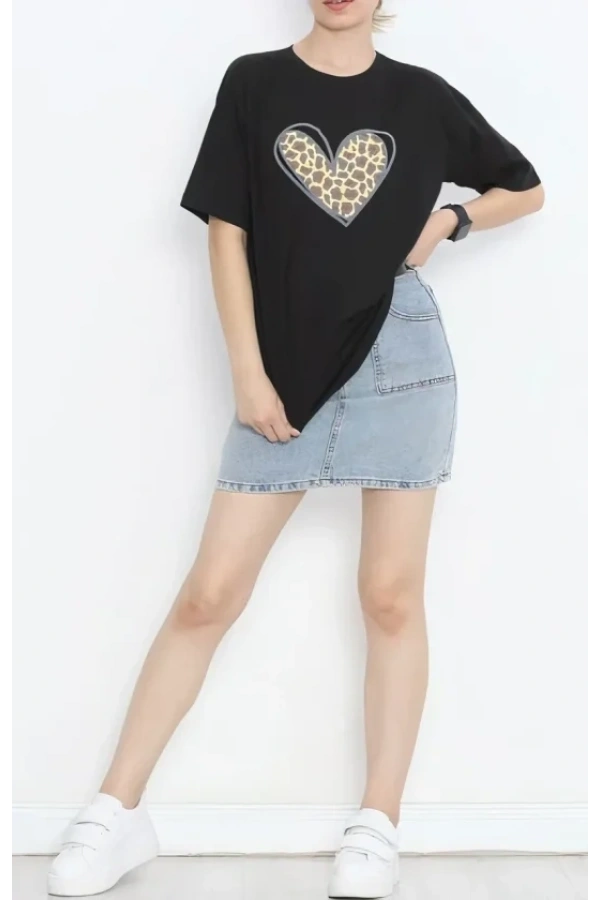 Bidebuvar 14 Şubat Sevgililer Günü Leopar Kalp Baskılı Oversize Bisiklet Yaka T-shirt - Siyah