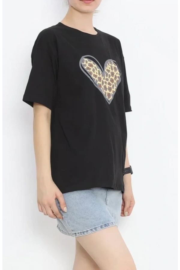 Bidebuvar 14 Şubat Sevgililer Günü Leopar Kalp Baskılı Oversize Bisiklet Yaka T-shirt - Siyah