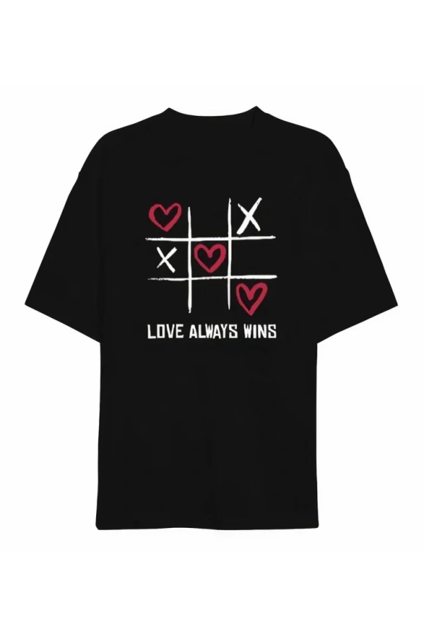Bidebuvar 14 Şubat Sevgililer Günü Love Always Wins Baskılı Oversize Bisiklet Yaka T-shirt - Siyah
