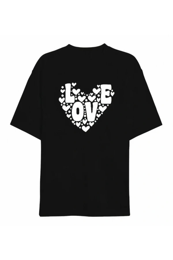 Bidebuvar 14 Şubat Sevgililer Günü Love Kalp Baskılı Oversize Bisiklet Yaka T-shirt - Siyah