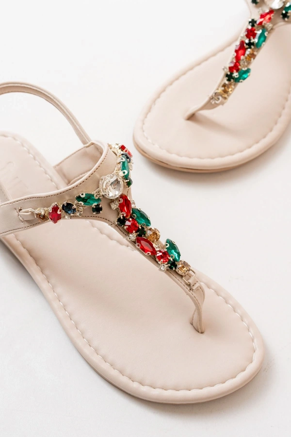 Bidebuvar 152-1110 Bej Multi Taşlı Parmak Arası Kadın Sandalet