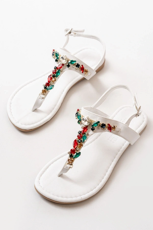 Bidebuvar 152-1110 Beyaz Multi Taşlı Parmak Arası Kadın Sandalet