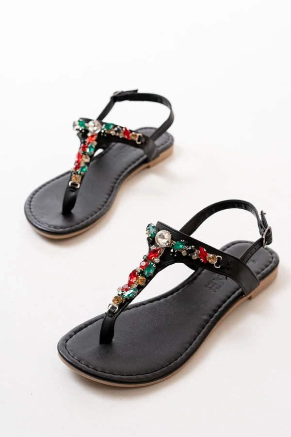 Bidebuvar 152-1110 Siyah Multi Taşlı Parmak Arası Kadın Sandalet