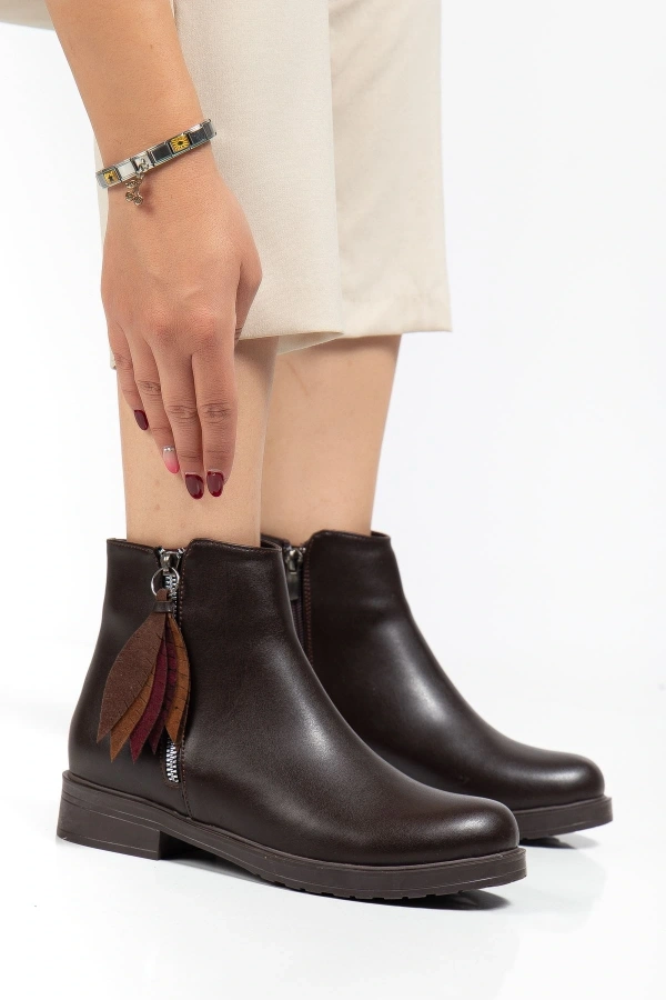 Bidebuvar 165-205 Kahve Yaprak Desenli Fermuarlı Günlük Kadın Bot