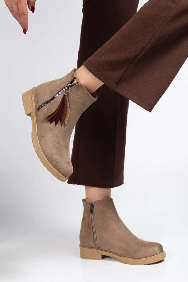 Bidebuvar 165-205 Vizon Süet  Yaprak Desenli Fermuarlı Günlük Kadın Bot