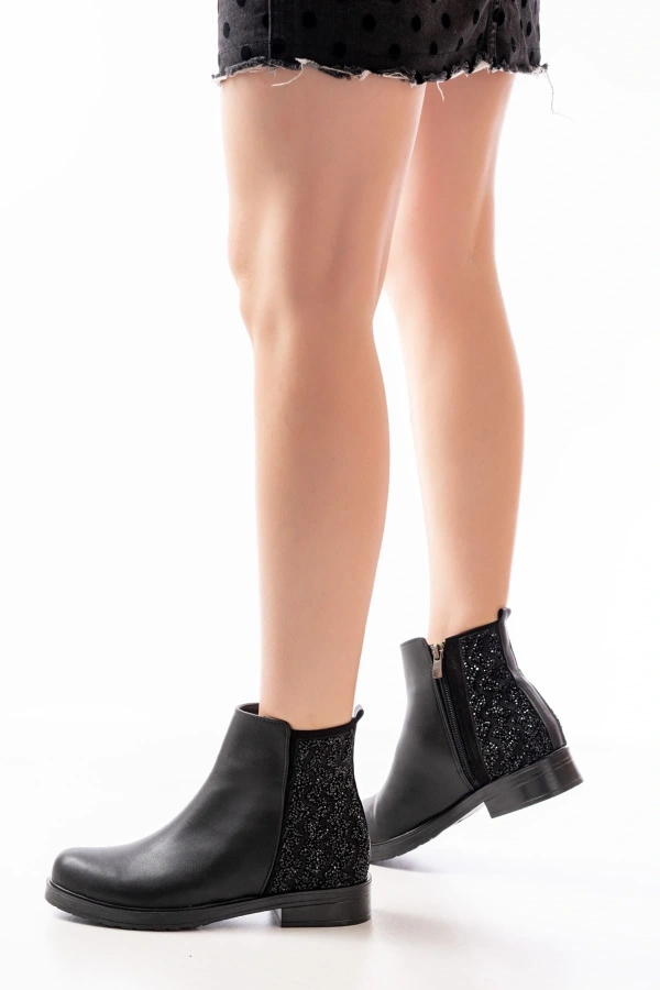 Bidebuvar 165-212 Siyah Taş Aksesuarlı Fermuarlı Günlük Kadın Bot