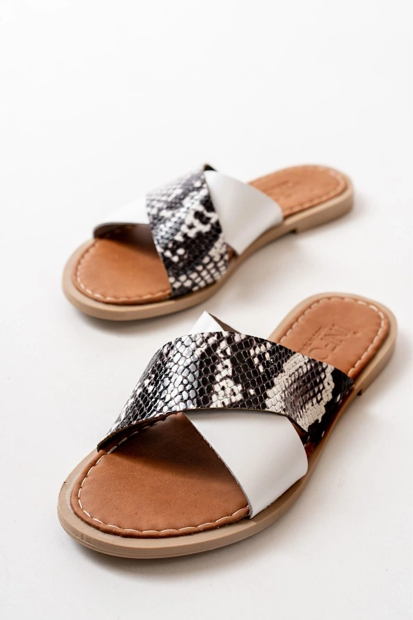 Bidebuvar 169-076 Beyaz Ortopedik Hakiki Deri Çapraz Bantlı Kadın Terlik