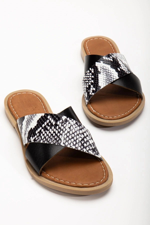 Bidebuvar 169-076 Siyah Ortopedik Hakiki Deri Çapraz Bantlı Kadın Terlik