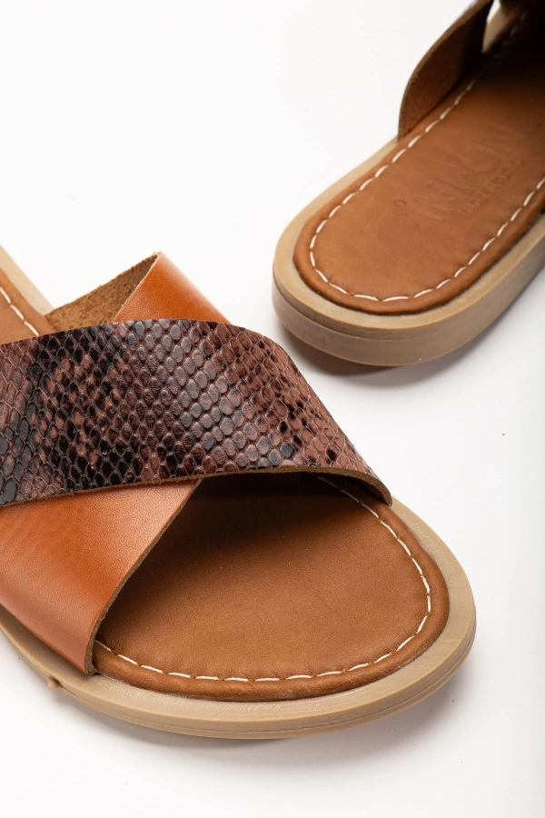 Bidebuvar 169-076 Taba Ortopedik Hakiki Deri Çapraz Bantlı Kadın Terlik