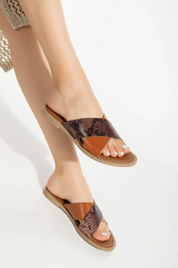 Bidebuvar 169-076 Taba Ortopedik Hakiki Deri Çapraz Bantlı Kadın Terlik