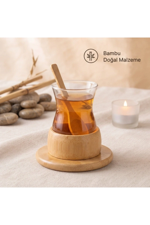 Bidebuvar 18 Parça Bambu Çay Seti - 6 Çay Bardağı - Borosilikat Cam