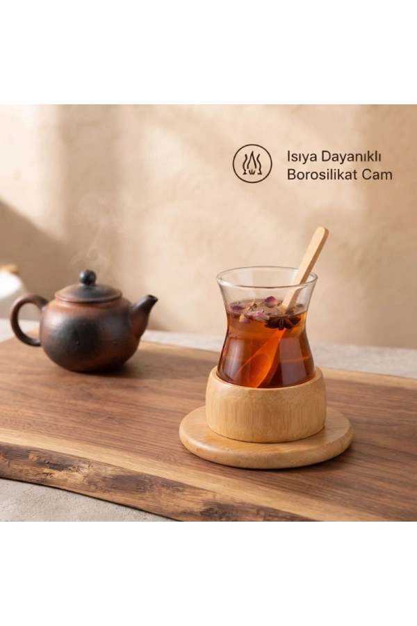 Bidebuvar 18 Parça Bambu Çay Seti - 6 Çay Bardağı - Borosilikat Cam