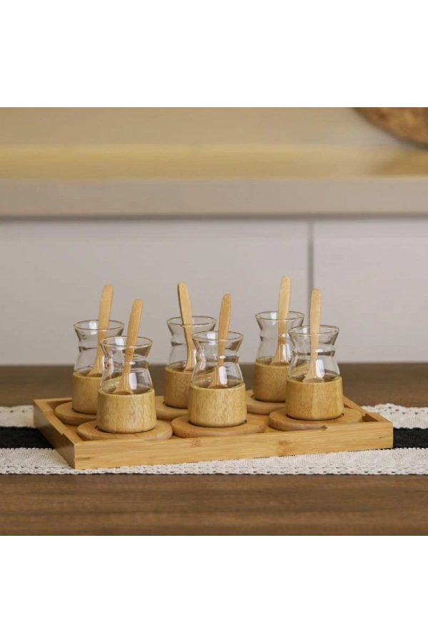 Bidebuvar 18 Parça Bambu Çay Seti - 6 Çay Bardağı - Borosilikat Cam