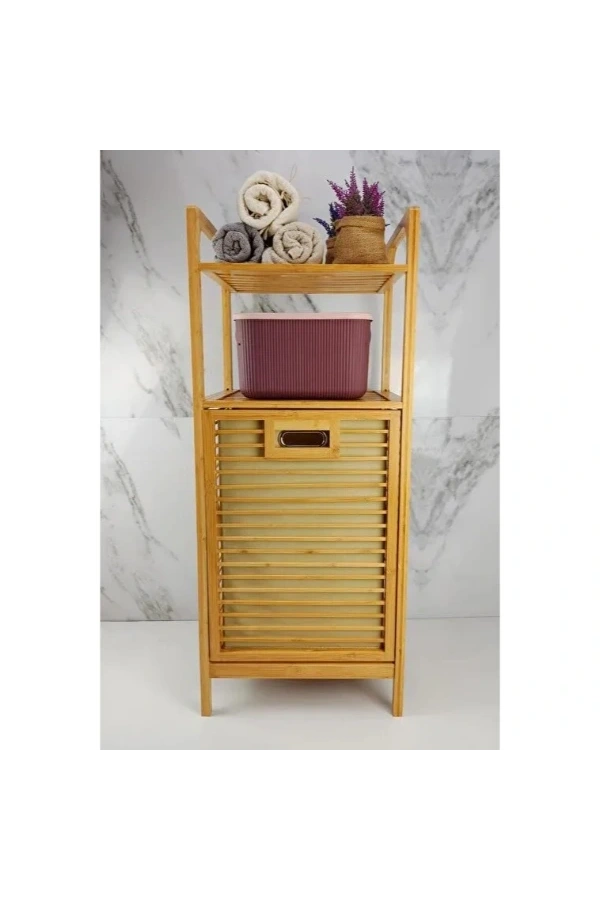 Bidebuvar 2 Organizer Raflı Ahşap Bambu Çek-Aç Kirli Sepeti