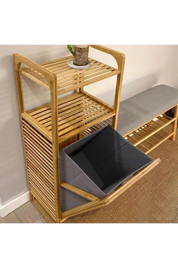 Bidebuvar 2 Organizer Raflı Ahşap Bambu Çek-Aç Kirli Sepeti