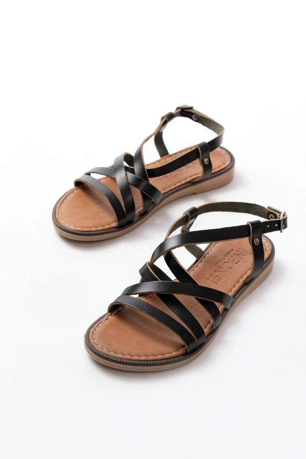 Bidebuvar 205-017 Siyah Ortopedik Hakiki Deri Kadın Sandalet