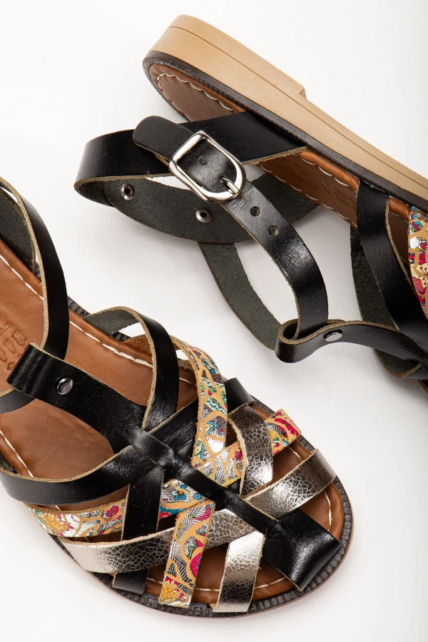 Bidebuvar 205-02 Siyah Garni Ortopedik Hakiki Deri Kadın Sandalet