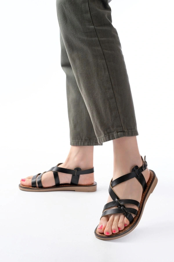 Bidebuvar 205-05 Siyah Ortopedik Hakiki Deri Kadın Sandalet