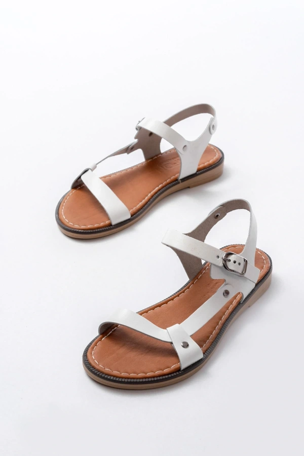 Bidebuvar 205-090 Beyaz Hakiki Deri Tokalı Kadın Sandalet