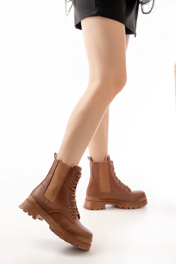 Bidebuvar 2051-298 Taba Düz Topuklu Bağcıklı Lastikli Günlük Kadın Bot