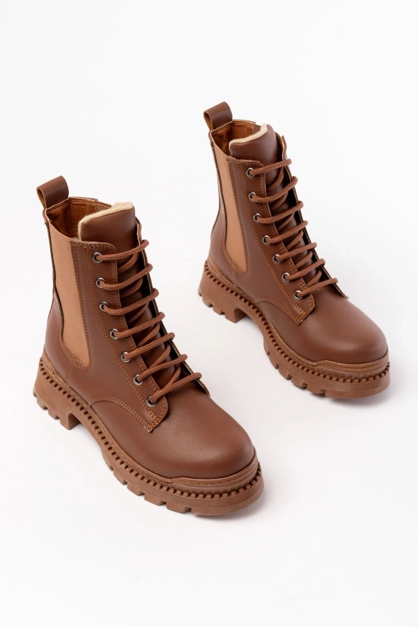 Bidebuvar 2051-298 Taba Düz Topuklu Bağcıklı Lastikli Günlük Kadın Bot