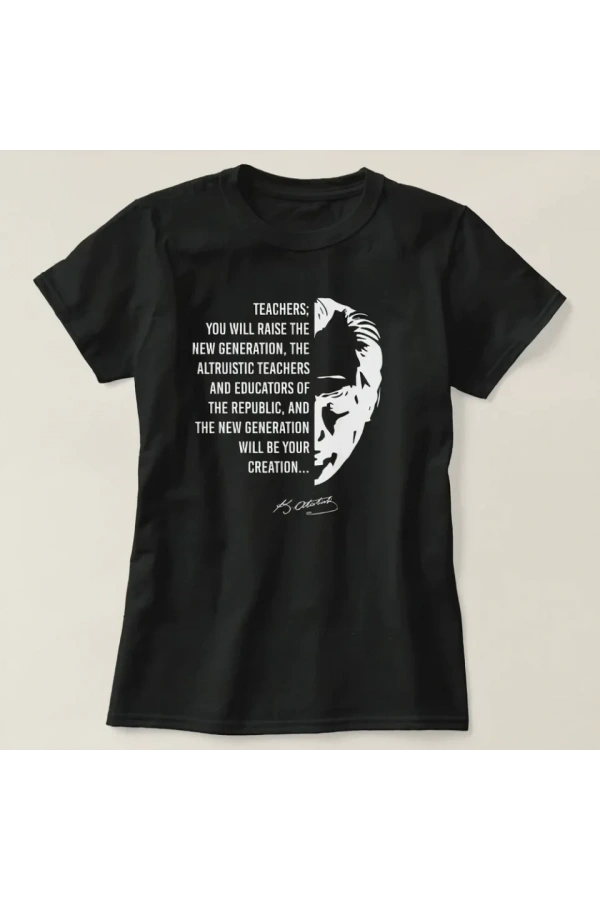 Bidebuvar 24 Kasım Öğretmenler Günü Temalı Baskılı Bisiklet Yaka T-shirt - Siyah