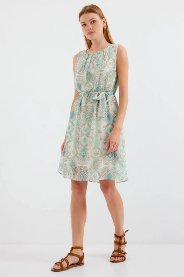 Bidebuvar 2501 Desenli Sıfır Kol Şifon Elbise - Mint