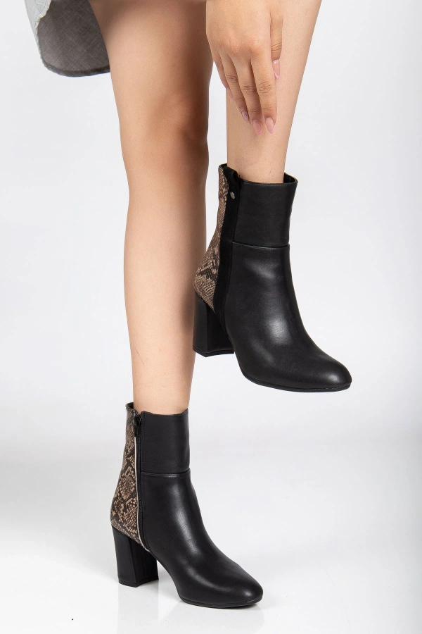 Bidebuvar 292 Siyah Yılan Desen Detaylı Fermuarlı  Yüksek Topuklu Günlük Kadın Bot