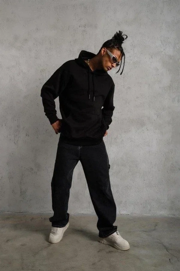 Bidebuvar 3 İplik Kapşonlu Sweatshirt Hoodie - Siyah