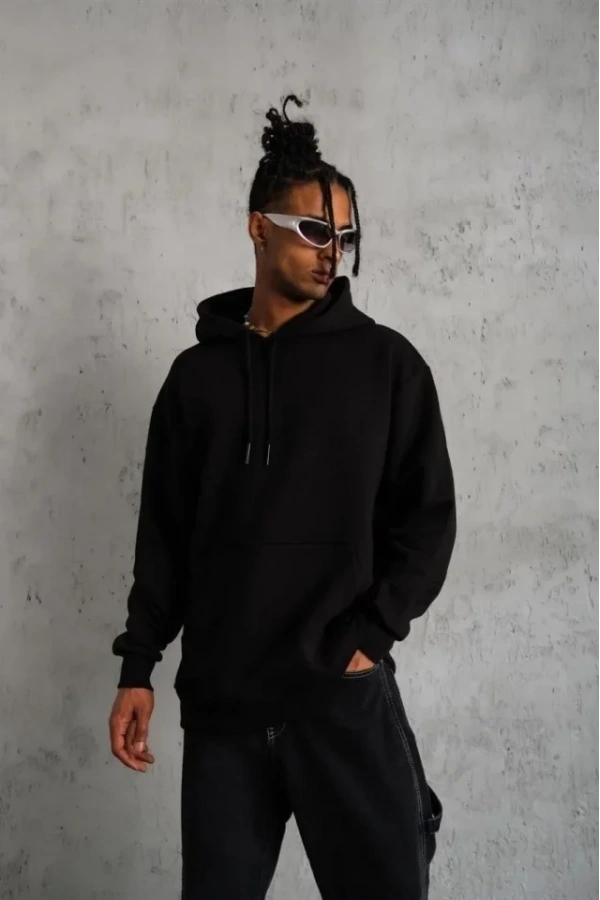 Bidebuvar 3 İplik Kapşonlu Sweatshirt Hoodie - Siyah