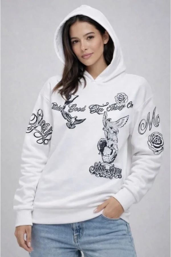 Bidebuvar 3 İplik Pamuklu Kapüşonlu Baskılı SweatShirt Hoodie - Beyaz