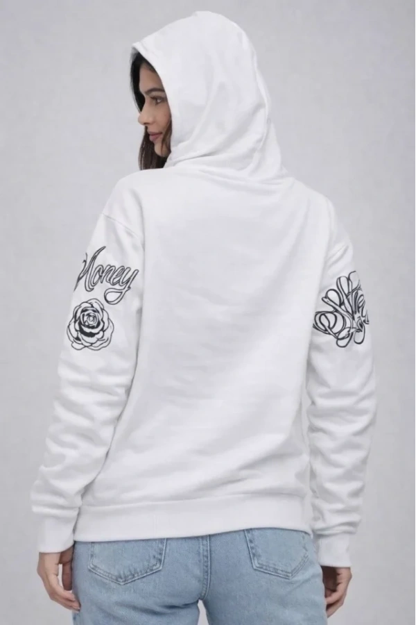 Bidebuvar 3 İplik Pamuklu Kapüşonlu Baskılı SweatShirt Hoodie - Beyaz