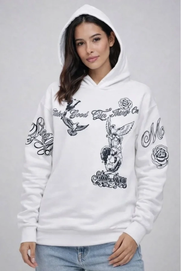 Bidebuvar 3 İplik Pamuklu Kapüşonlu Baskılı SweatShirt Hoodie - Beyaz