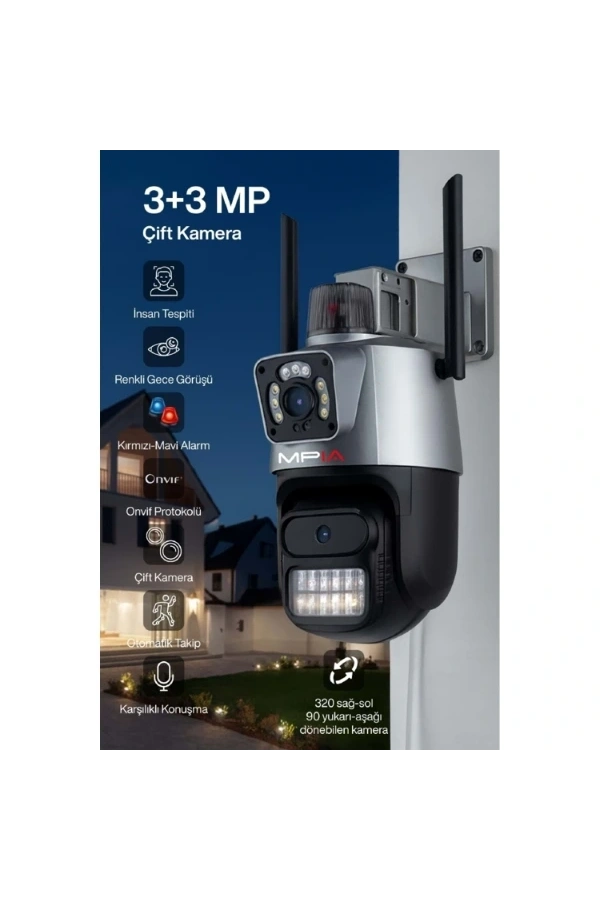 Bidebuvar 3 MP + 3 MP Çift Lens Wi-Fi TF Kart Girişli Güvenlik Kamerası