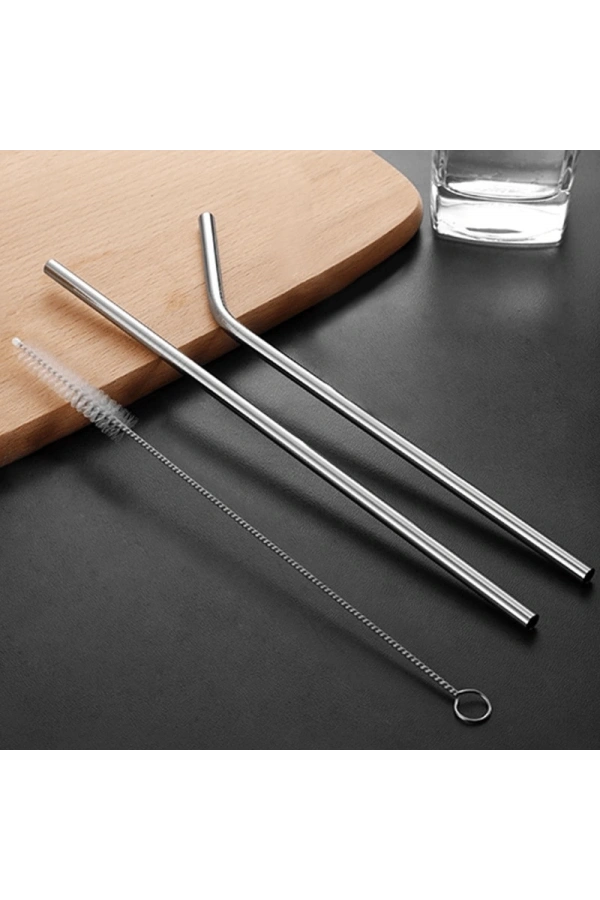 Bidebuvar 31 cm Ekstra Uzun Paslanmaz Çelik Pipet Seti – 3 Parça (Eğri + Düz + Fırça)