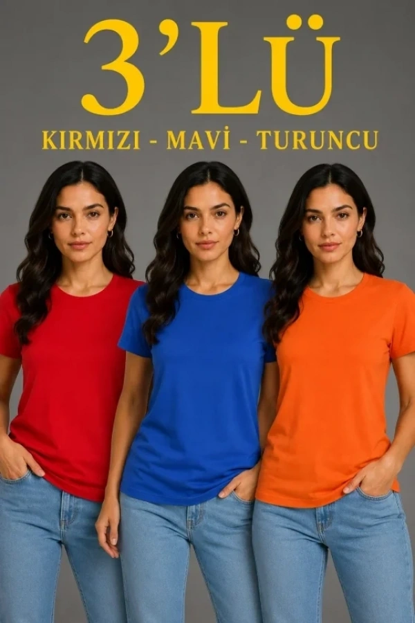 Bidebuvar 3’lü Kısa Kollu Bisiklet Yaka Basic Slim Fit T-Shirt - Kırmızı - Mavi - Turuncu
