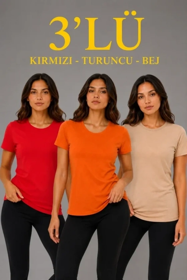 Bidebuvar 3’lü Kısa Kollu Bisiklet Yaka Basic Slim Fit T-Shirt - Kırmızı - Turuncu - Bej
