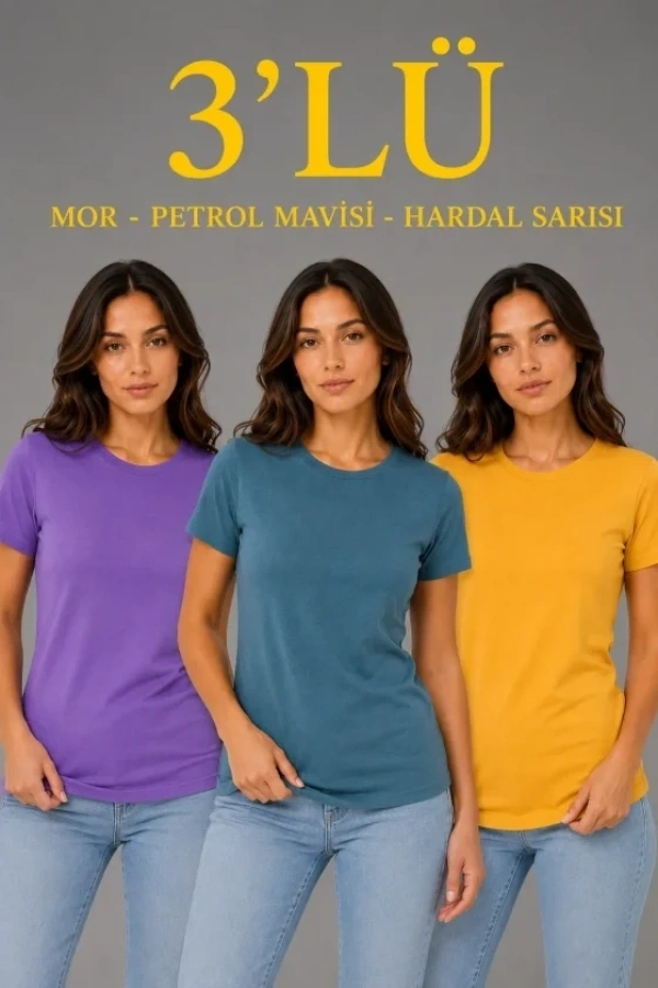 Bidebuvar 3’lü Kısa Kollu Bisiklet Yaka Basic Slim Fit T-Shirt - Mor - Petrol Mavisi - Hardal