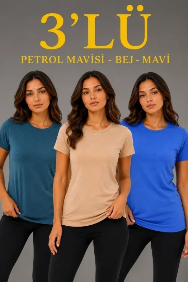 Bidebuvar 3’lü Kısa Kollu Bisiklet Yaka Basic Slim Fit T-Shirt -Petrol Mavisi  - Bej - Mavi