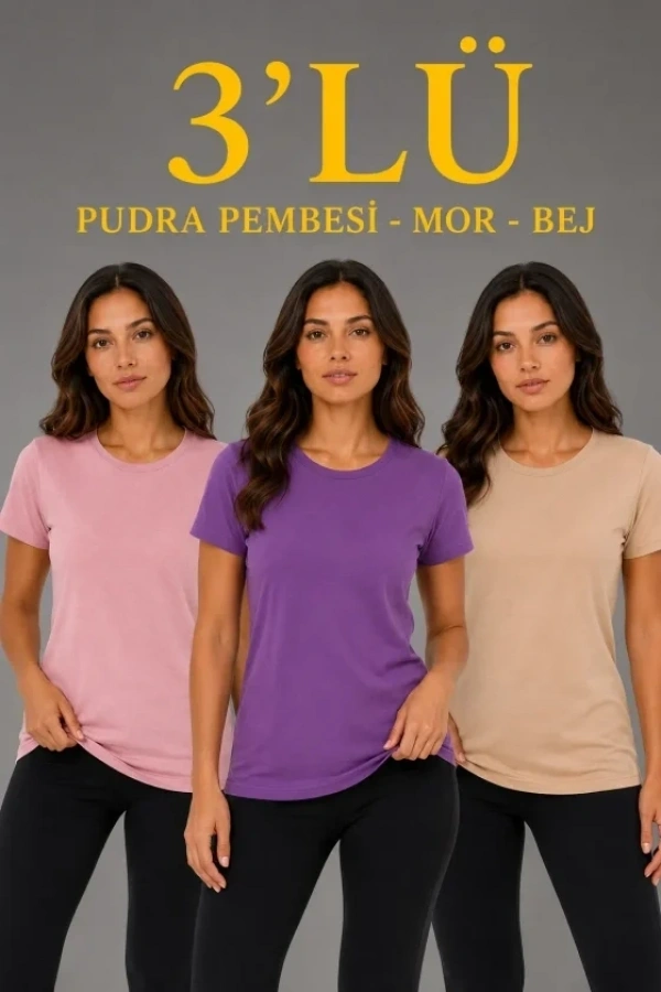 Bidebuvar 3’lü Kısa Kollu Bisiklet Yaka Basic Slim Fit T-Shirt - Pudra Pembe - Mor - Bej