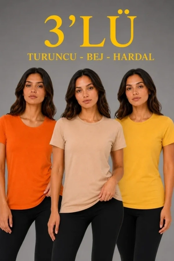 Bidebuvar 3’lü Kısa Kollu Bisiklet Yaka Basic Slim Fit T-Shirt - Turuncu - Bej - Hardal